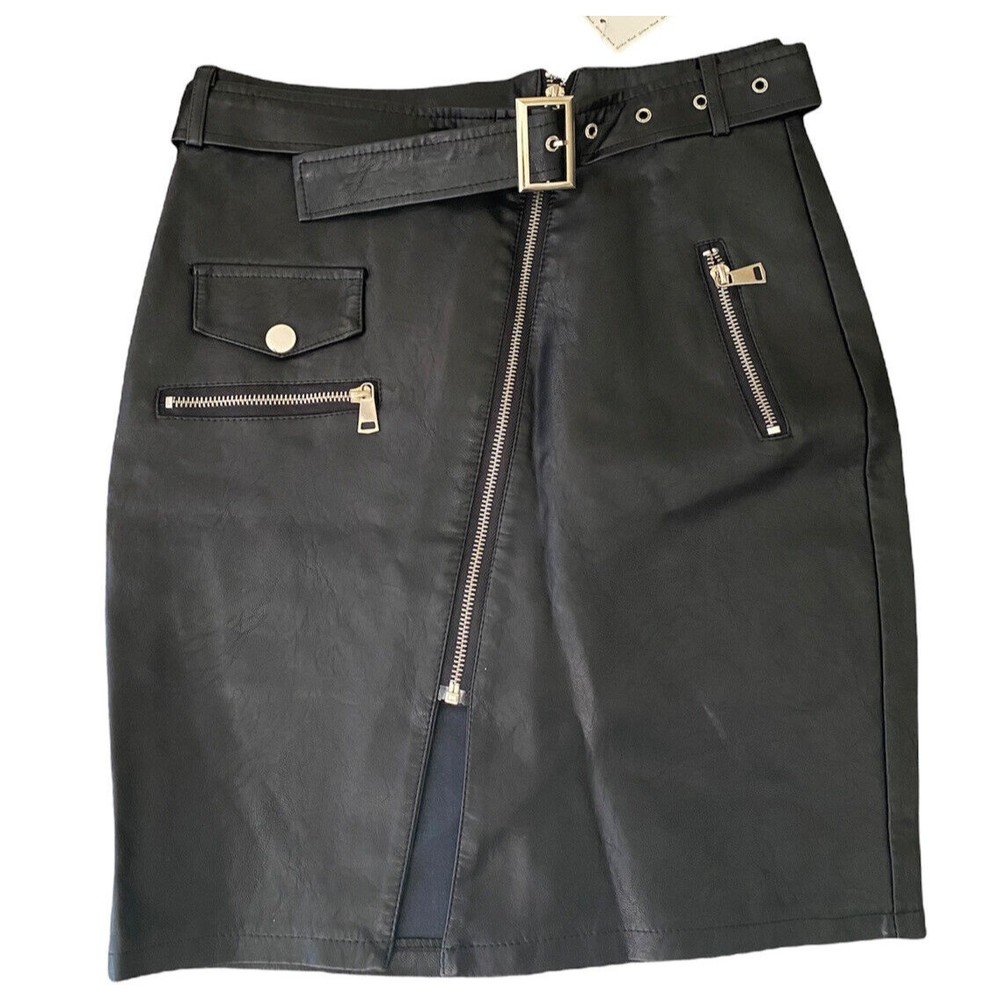 Black Faux Leather Zip High With Belt Waisted Mini Skirt Women Size S